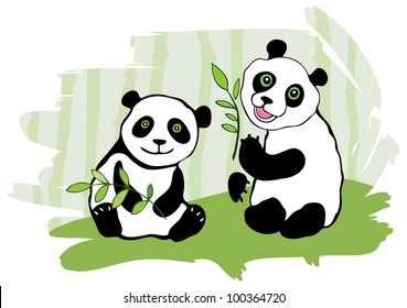 Two pandas. Bamboo in background. Vector illustration.