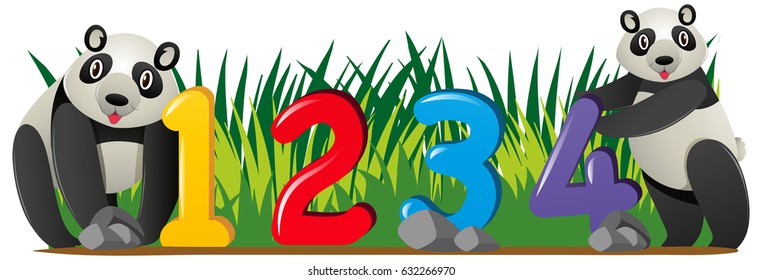 Two pandas counting numbers one to four illustration