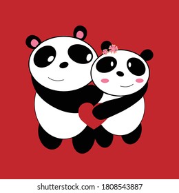 dos pandas con un corazón lindo panda pareja ilustración vectorial