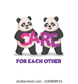 two pandas holding the words care for each other. true friendship. panda series design for t-shirt,clothes,apparel and banner