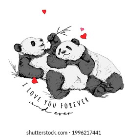 Two pandas hugging and resting chews a blade of grass. Funny pose. Humor textile composition, hand drawn style print. Vector illustration.