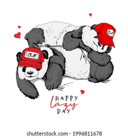 Two pandas hugging and Resting in a red baseball cap. Funny pose. Humor textile composition, hand drawn style print. Vector illustration.