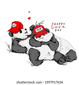 Two pandas hugging and Resting in a red baseball cap. Funny pose. Humor textile composition, hand drawn style print. Vector illustration.