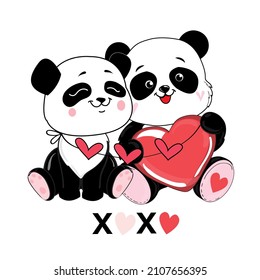 Two pandas in love with a heart for valentine's day. Vector illustration