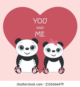 Two pandas in love on the background of a red heartFor gift wrapping postcard poster