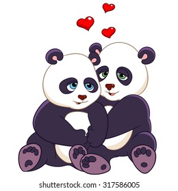 Two pandas in love. Red Hearts. Valentines Day Cartoon characters. Colorful design for kids activity book, coloring page, colouring picture. Vector illustration for children.