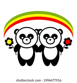 two pandas with a rainbow design