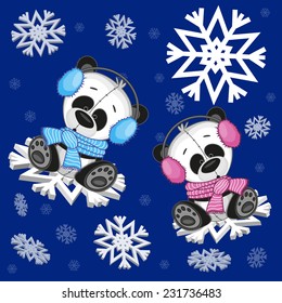 Two Pandas at the snowflakes 