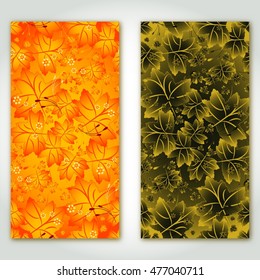 Two panels with autumn pattern from maple leaves in orange and golden colors. Vector illustration