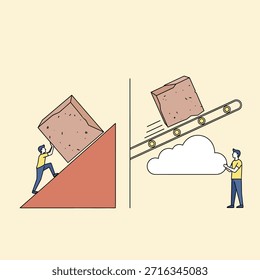 Dos paneles ilustran el concepto de eficiencia, mostrando a un hombre que lucha por empujar una roca pesada hacia arriba en una pendiente empinada en lugar de mover el objeto sin esfuerzo a través de una cinta transportadora moderna en un entorno de computación en la nube, renderizado en un estilo de arte minimalista de línea plana.