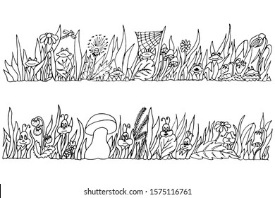 Two panoramic elongated black and white vector freehand drawings with grassy vegetation and symbolic insects and amphibians, protecting a fragile natural environment