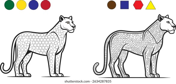 Two panther coloring pages, one with circles and one with geometric shapes, with color guides for each.