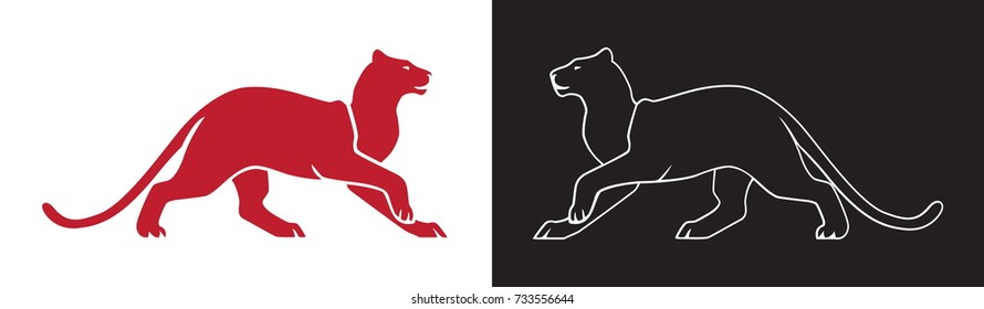 Two panther silhouette, vector outline of wildcat for logo or mascot. Isolated clip art.