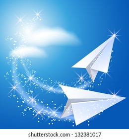 Two paper airplane fly up in the sky