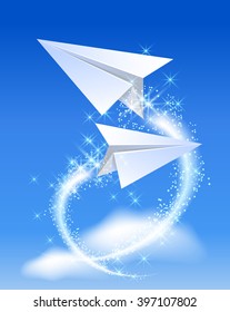 Two paper airplane fly up in the sky