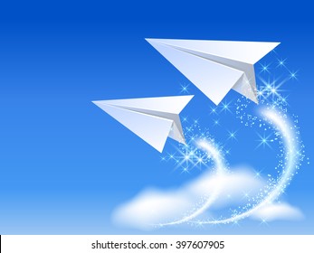 Two paper airplane fly up in the sky