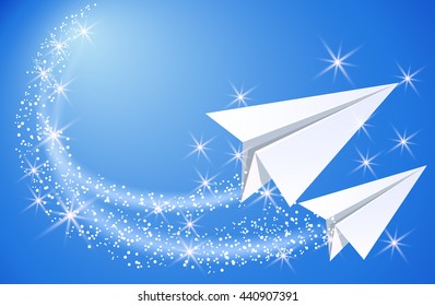 Two paper airplane fly up in the sky with sparkle glowing stars