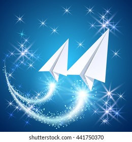 Two paper airplane fly up in the sky with sparkle glowing stars