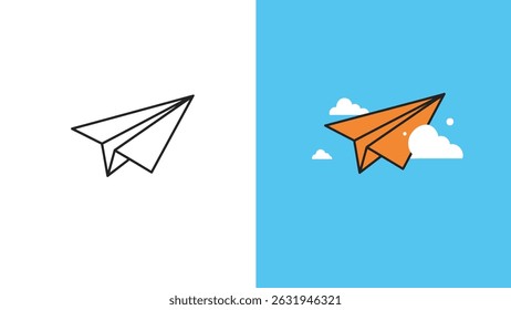 Two paper airplane illustrations, one outlined in black, the other orange, flying with clouds.