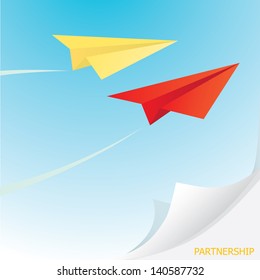 two paper airplanes in blue sky. concept of partnership or leadership. business metaphor. vector illustration