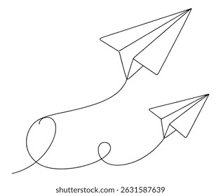 Dois aviões de papel voando em estilo de arte de linha contínua