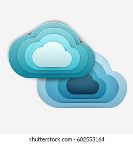 Two paper art cartoon clouds in realistic trendy craft style. Modern origami design template. Concept inspiration or idea for your projects. Vector illustration.