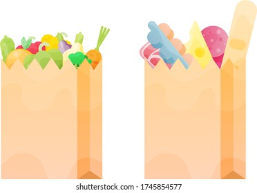 Two Paper bag full of food. Colorful vector illustration