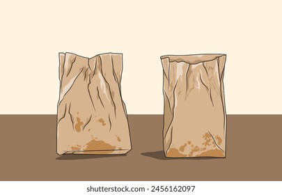 two paper bags of food on the table with splashes of oil, greaseproof paper, burger paper
