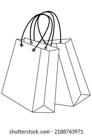 Dos bolsas de papel, envoltura de regalo - imagen de la línea vectorial para colorear el logotipo o pictograma. Bolsas de papel con mangos para signo o icono. Esquema