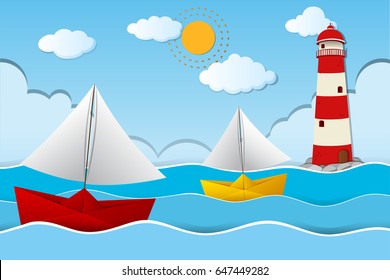 Two paper boats sailing at sea illustration