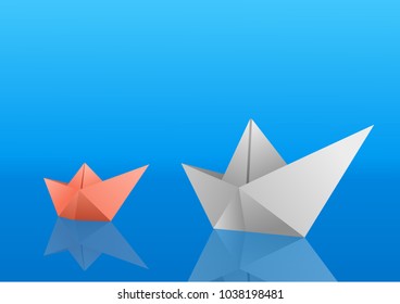 Two paper boats saling over blue polished surface. Vector illustration