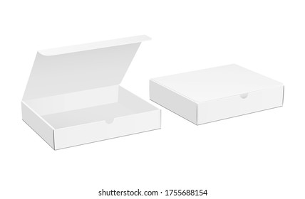 Two paper boxes mockup with opened and closed lid isolated on white background. Vector illustration