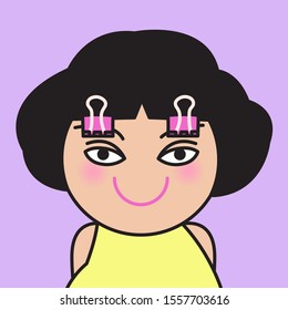 Two Paper Clips On Eyebrow Makes Girl In Sleepy Mood Into Awaken Mood Concept Card Character illustration