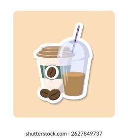 Two paper coffee cups and coffee beans on a table