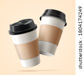 Two paper coffee cups with blank labels in 3D illustration floating over beige background