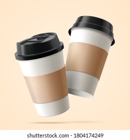 Two paper coffee cups with blank labels in 3D illustration floating over beige background
