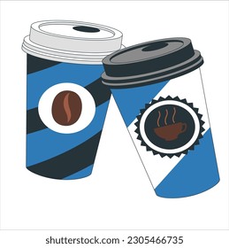 Two paper coffee cups with blank labels in 3D illustration floating over beige background. Vector 3d Realistic Paper or Plastic Brown Disposable Tea, Coffee Cup Set with White and Black Lid Isolated.