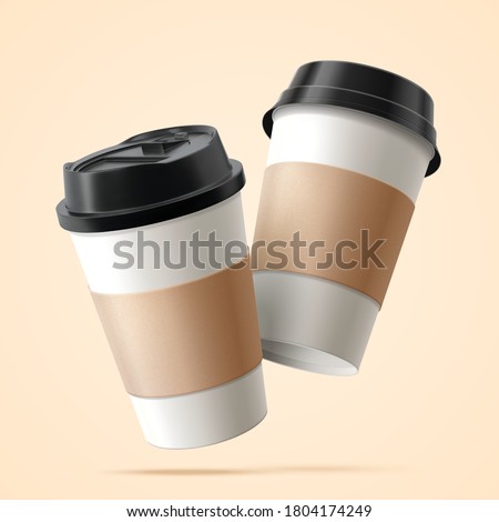 Two paper coffee cups with blank labels in 3D illustration floating over beige background