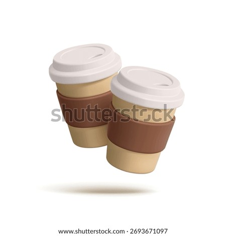 Two paper coffee cups with lids, 3D. paper cups on a white background that seem to be suspended in the air. For coffee shop, fast food concepts. Vector illustration.