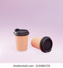 Two paper coffee cups on a pink background. Vector illustration.