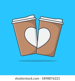 Two Paper Cup Of Coffee With Heart Vector Icon Illustration. Coffee flat icon