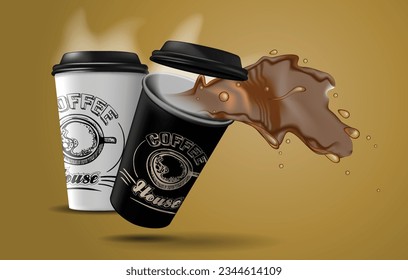 Two paper cups with a design on them and a splash of hot coffee.
