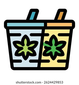 Dos vasos de papel con el logo de la hoja de cannabis, que simboliza los productos legales de marihuana y la creciente industria del cannabis