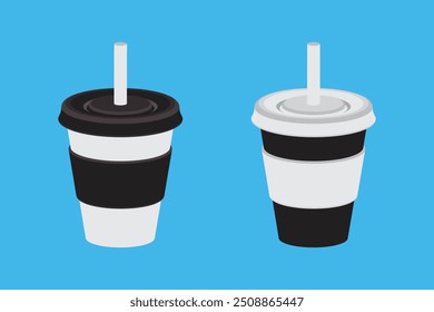 Two paper cups with lids and straws on a blue background, with different color combinations.