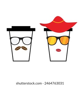 Two paper cups with man and woman faces