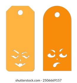 Two paper cut Halloween hanged tags displaying various angry and creepy faces. Vector cut templates for creative and artistic October holiday projects