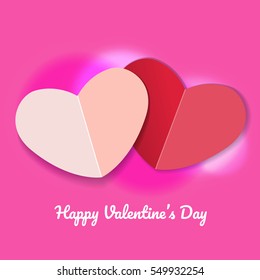 two paper heart with light on sweet pink background, vector illustration