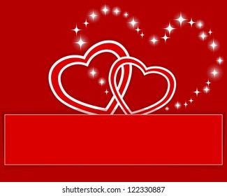 Two paper hearts with banner against the glittering stars heart shaped. Vector illustration.