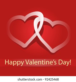 Two paper hearts and sign "Happy Valentine's Day" on red background, vector illustration