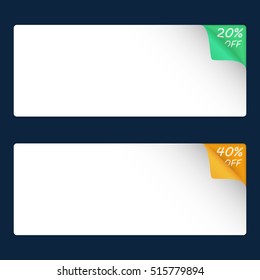 Two paper pages with colored rolled corners and background. Realistic vector illustration isolated on dark background. Sale coupon, gift card, web banner, header, voucher template.